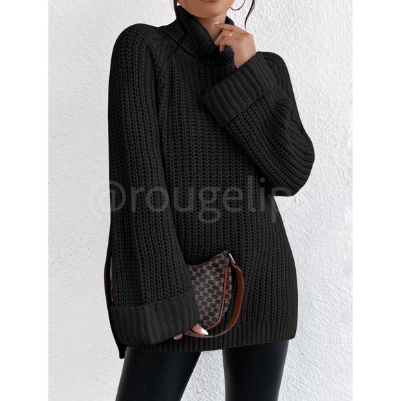 Casual Pullover Sweater Cable Knit Turtleneck  Black High Neck Long Sleeve - Picture 5 of 8
